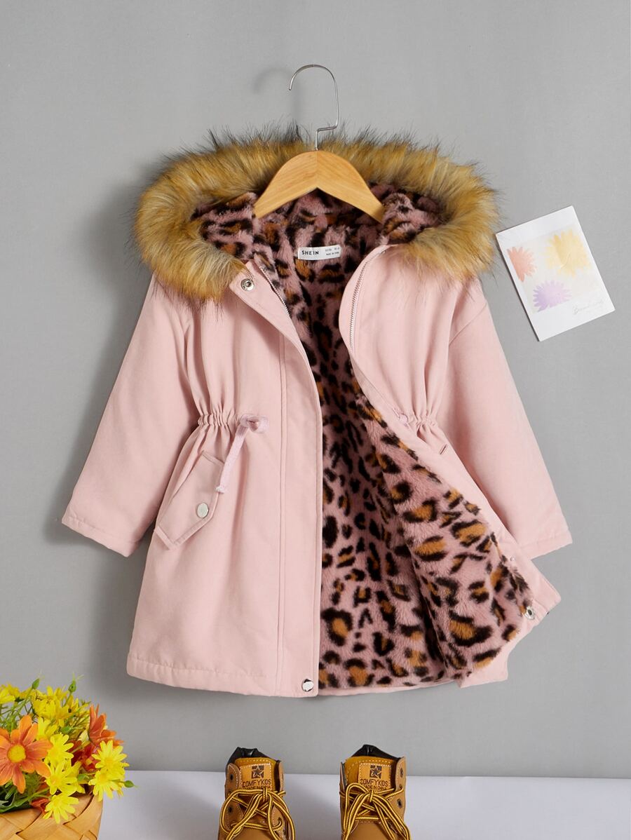 SHEIN 小女童毛茸邊連帽毛絨內襯腰部抽繩派克大衣 - 淺粉色 - 查看 1