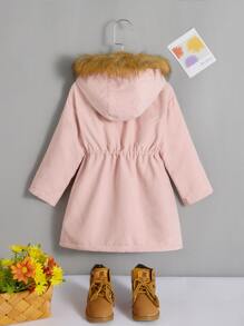 SHEIN 小女童毛茸邊連帽毛絨內襯腰部抽繩派克大衣 - 淺粉色 - 查看 2