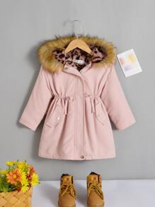 SHEIN 小女童毛茸邊連帽毛絨內襯腰部抽繩派克大衣 - 淺粉色 - 查看 4