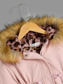 SHEIN 小女童毛茸邊連帽毛絨內襯腰部抽繩派克大衣 - 淺粉色 - 查看 5