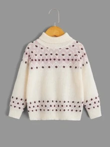 SHEIN Toddler Girls Geo Pattern Turtleneck Raglan Sleeve Jumper - Beige - View 1