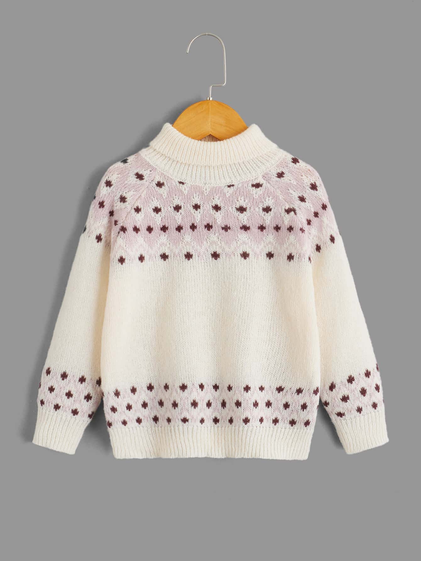 SHEIN Toddler Girls Geo Pattern Turtleneck Raglan Sleeve Jumper - Beige - View 1