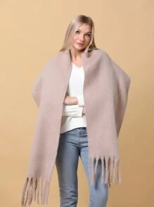 1入組純色女用圍巾，有流蘇下擺，適合戶外活動，防風保暖披肩，適合日常使用 - 卡其色 - 查看 1