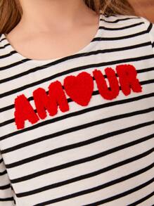 SHEIN Young Girl Fall/Winter Christmas Letter And Heart Pattern Striped Cute Tee - Black and White - View 3