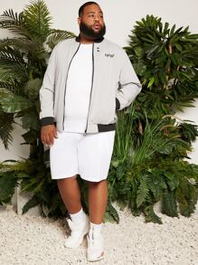 Manfinity Hombres Cazadora tipo bomber con estampado de letra con cremallera - Gris Claro - Ver 3