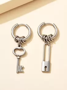1pc Key & Lock Mismatched Drop Earrings, Stainless Steel Jewelry - Silver - View 1