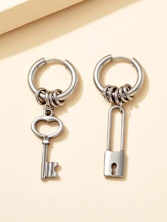 1pc Key & Lock Mismatched Drop Earrings, Stainless Steel Jewelry