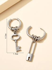 1pc Key & Lock Mismatched Drop Earrings, Stainless Steel Jewelry - Silver - View 3