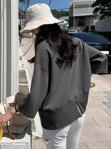 DAZY Letter Embroidery Split Hem Drop Shoulder Sweatshirt,Fall Clothes - Grey - View 2