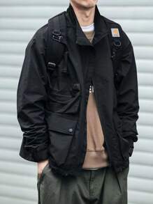 Manfinity Men Letter Patched Flap Pocket Jacket - Black - View 1