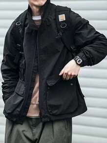 Manfinity Men Letter Patched Flap Pocket Jacket - Black - View 3