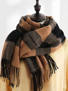 Pañuelo con patrón de cuadros ribete con fleco - Multicolor - Ver 1