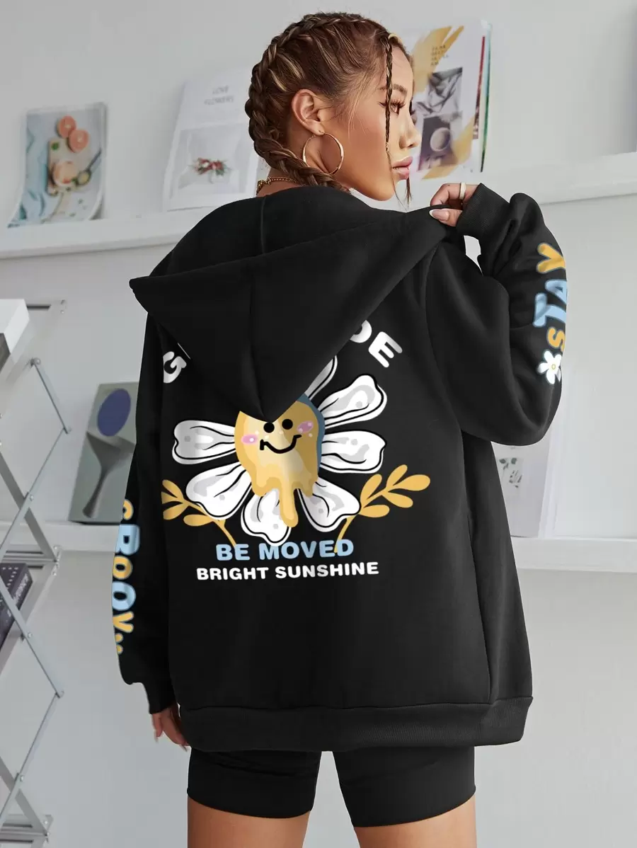INAWLY Cartoon & Slogan Graphic Zip Up Thermal Lined Drawstring Hoodie Pullover Fall - Black - View 1