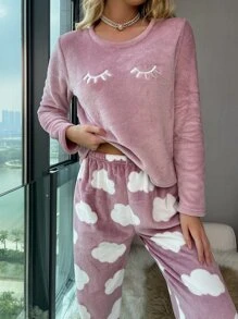 Set pigiama in flanella con ricamo di ciglie e motivo a nuvole / Set pigiama morbido e soffice, adatto per la stagione autunnale e invernale, confortevole - Viola malva - Visualizzare 6