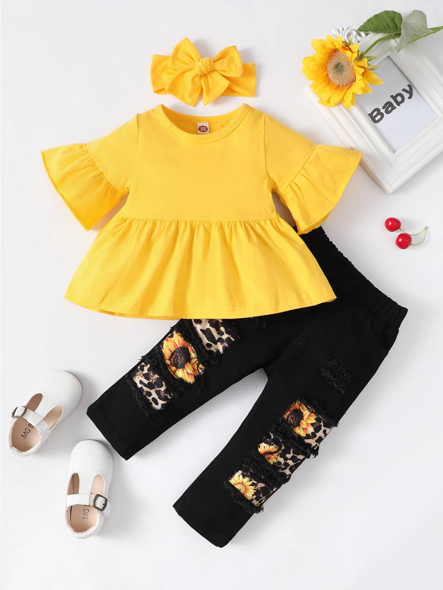 Baby Girl Flounce Sleeve Tee & Patched Jeans & Headband - Multicolor - View 1