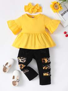 Baby Girl Flounce Sleeve Tee & Patched Jeans & Headband - Multicolor - View 4