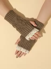 Lace Trim Fingerless Gloves - Khaki - View 1