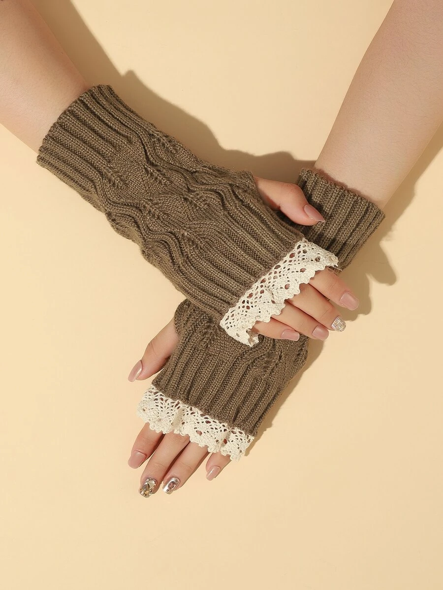 Lace Trim Fingerless Gloves - Khaki - View 1