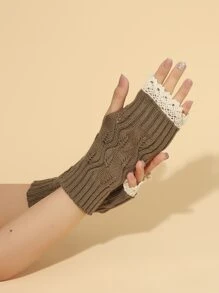 Lace Trim Fingerless Gloves - Khaki - View 2
