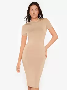 SHEIN BASICS 1件圓領分叉設計緊身晚餐休閒連衣裙 - 卡其色 - 查看 1