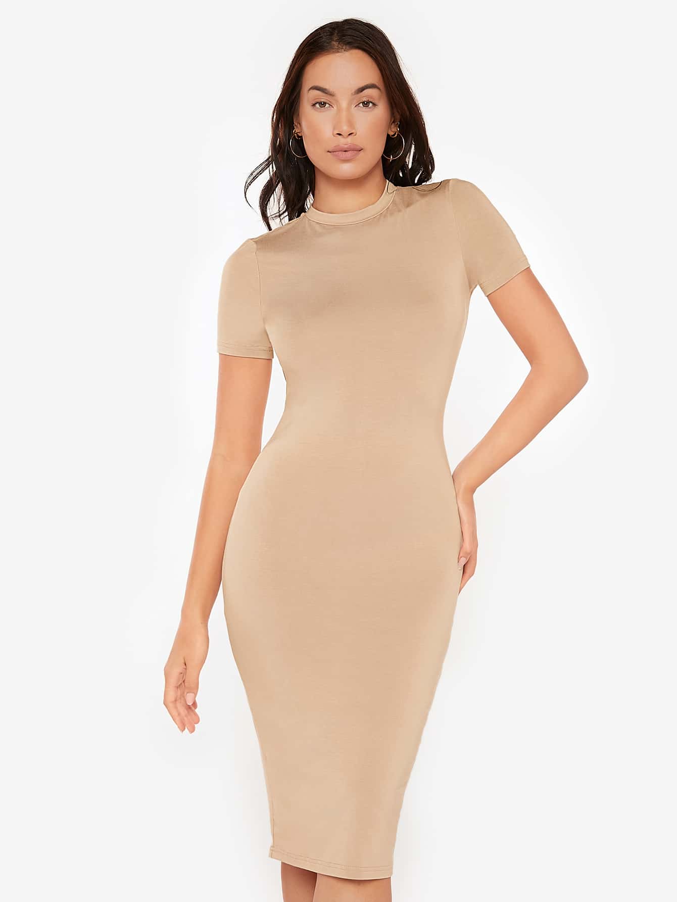 SHEIN BASICS 1件圓領分叉設計緊身晚餐休閒連衣裙 - 卡其色 - 查看 1