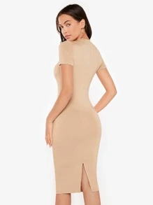 SHEIN BASICS 1件圓領分叉設計緊身晚餐休閒連衣裙 - 卡其色 - 查看 5