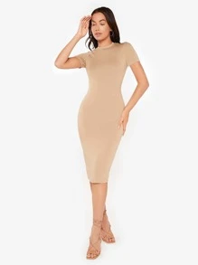 SHEIN BASICS 1件圓領分叉設計緊身晚餐休閒連衣裙 - 卡其色 - 查看 3