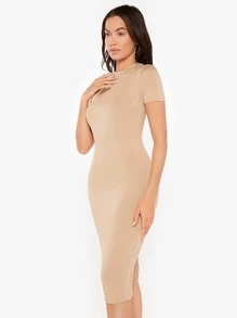 SHEIN BASICS 1件圓領分叉設計緊身晚餐休閒連衣裙 - 卡其色 - 查看 4