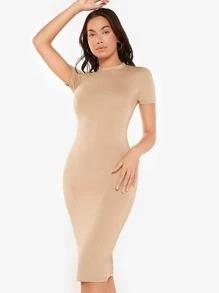 SHEIN BASICS 1件圓領分叉設計緊身晚餐休閒連衣裙 - 卡其色 - 查看 7