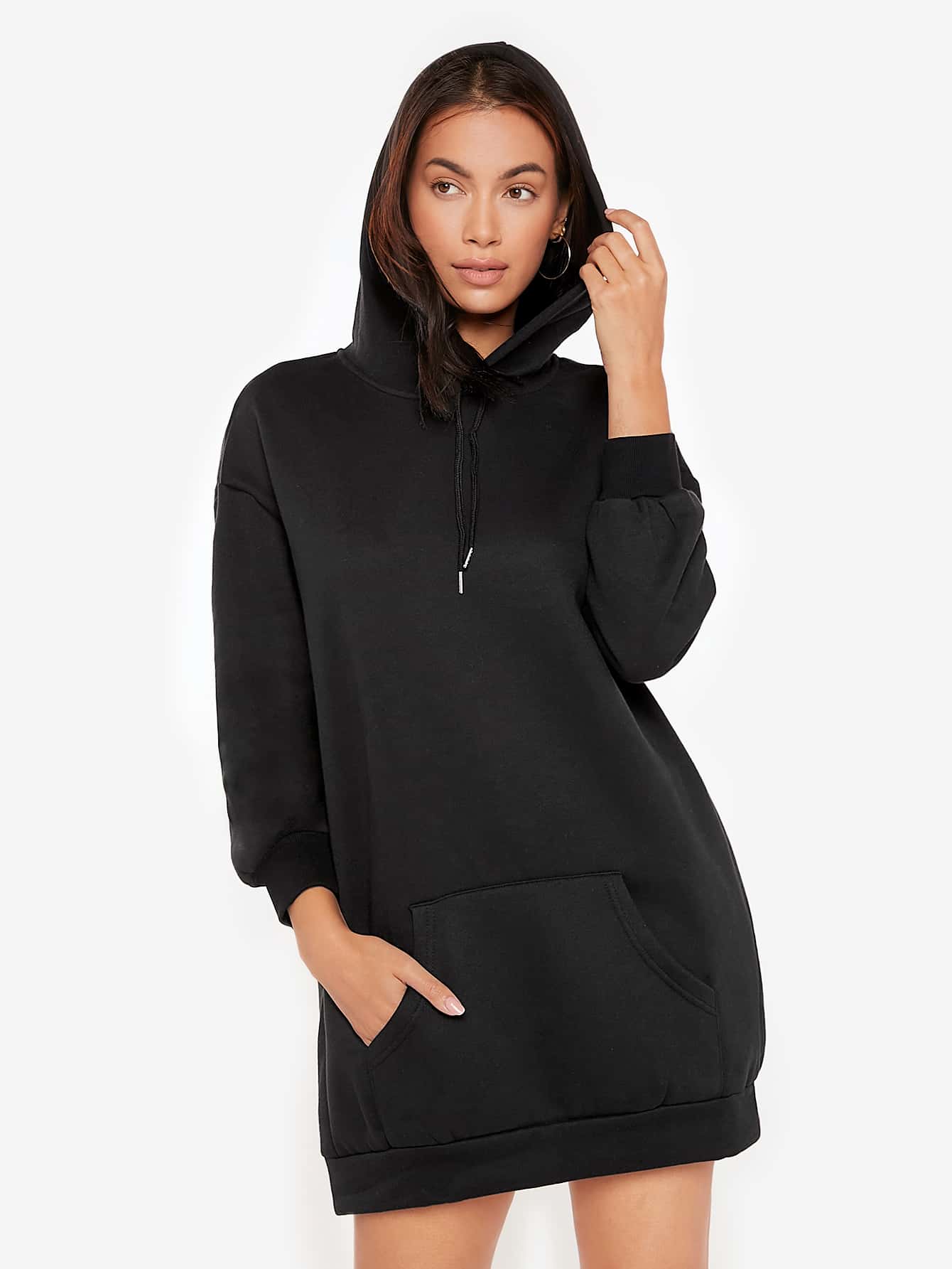 SHEIN BASICS Cozy Fleece Drop Shoulder Drawstring Hooded Sweatshirt Dress - Black - View 1