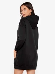 SHEIN BASICS Cozy Fleece Drop Shoulder Drawstring Hooded Sweatshirt Dress - Black - View 2
