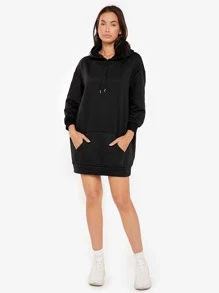 SHEIN BASICS Cozy Fleece Drop Shoulder Drawstring Hooded Sweatshirt Dress - Black - View 3