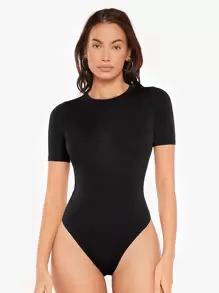 SHEIN BASICS Solid Form Fitted Bodysuit Simple Fashion Daily Casual - Black - View 5