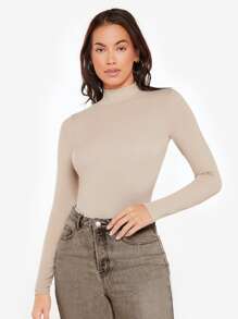 SHEIN BASICS Áo thun cổ cao ôm sát - Lạc đà - Xem 2