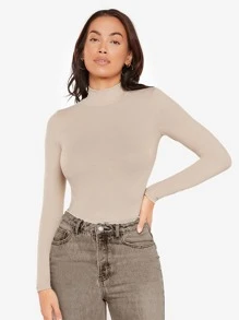 SHEIN BASICS Áo thun cổ cao ôm sát - Lạc đà - Xem 5