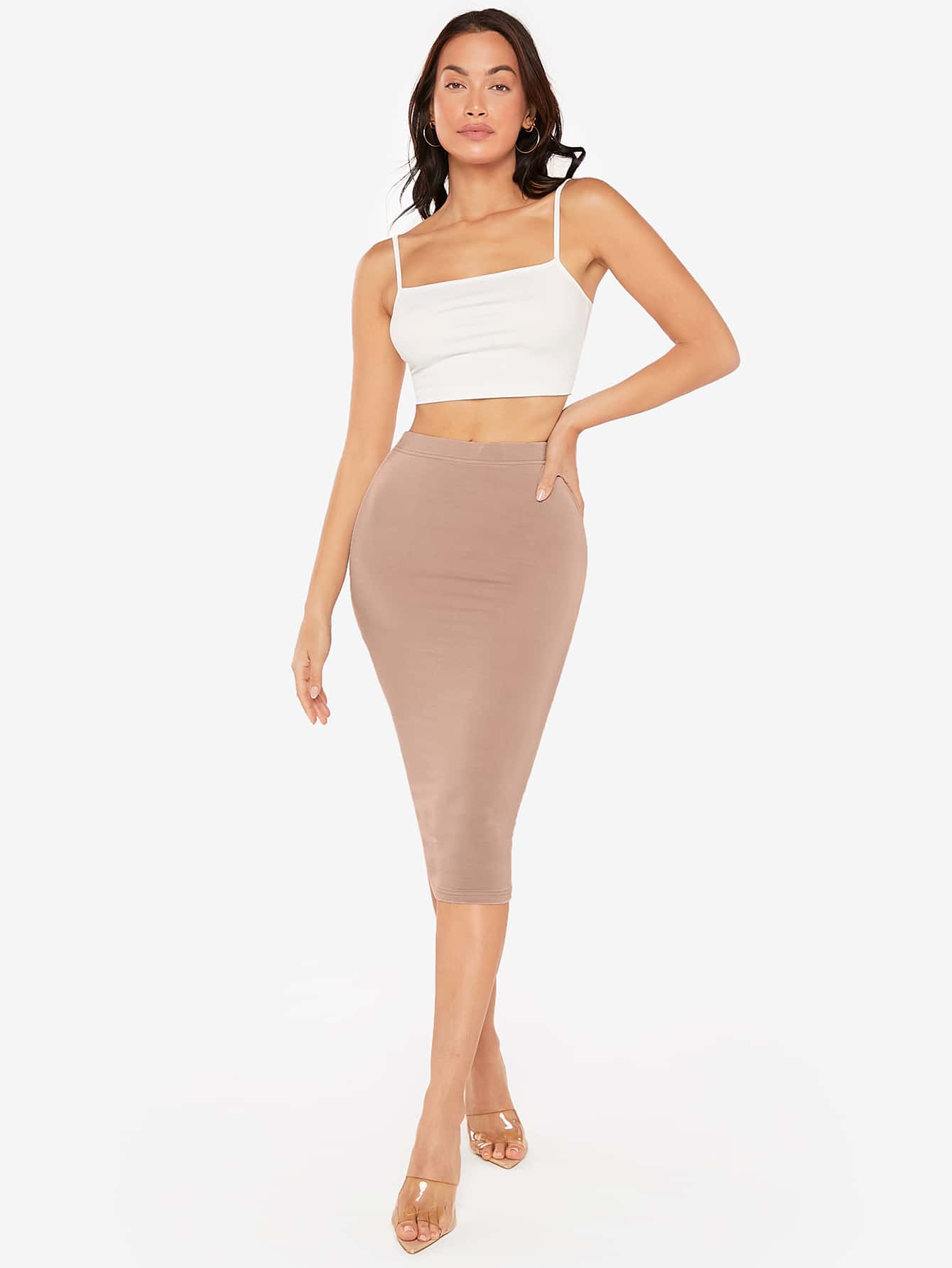 SHEIN BASICS High Waist Pencil Skirt - Mocha Brown - View 1