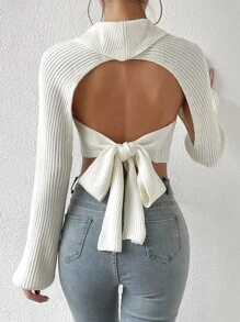 SHEIN Essnce 高領蝙蝠袖女式緊身短套衫套頭毛衣和後綁帶抹胸針織上衣 - 白色 - 查看 2