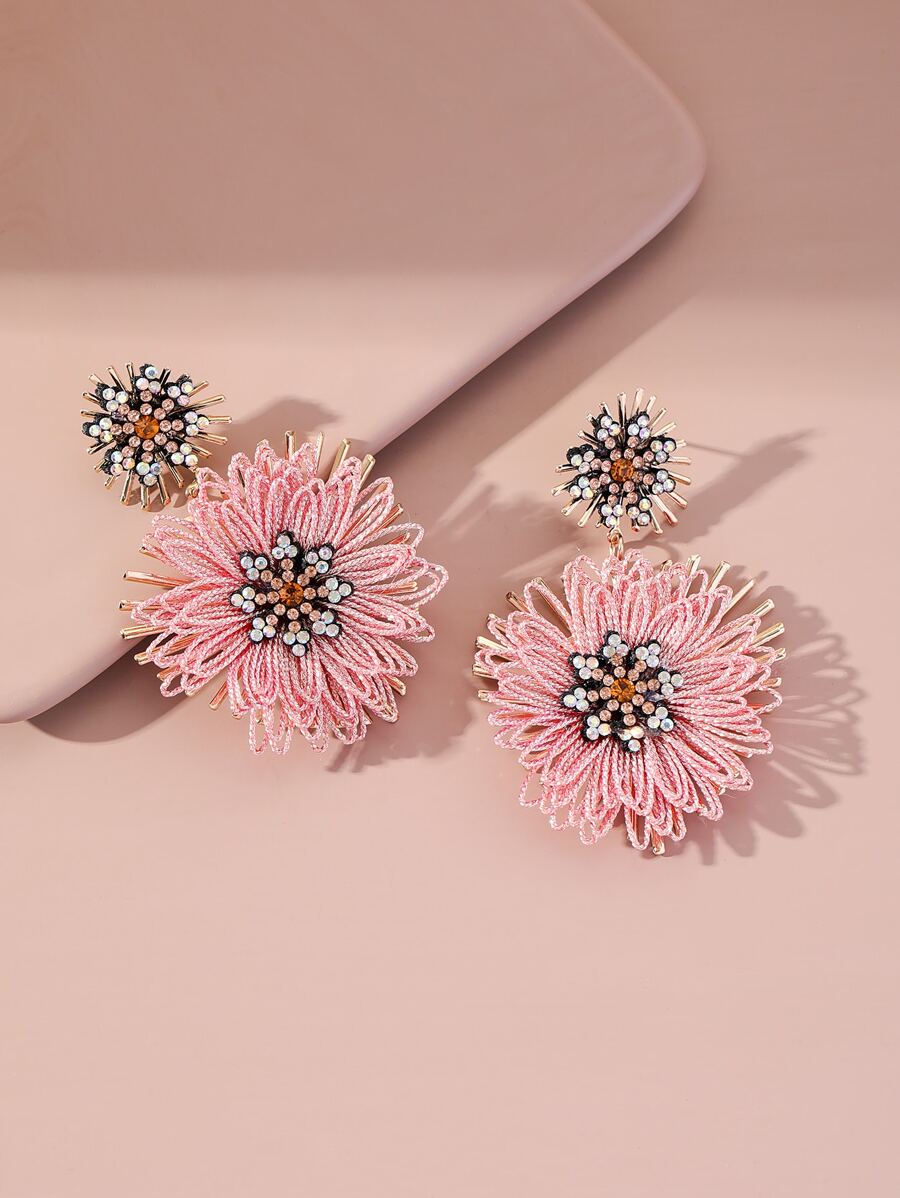 Rhinestone Flower Drop Earrings - Multicolor - View 1