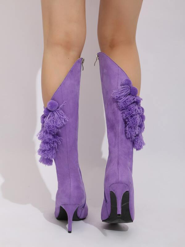Faux Suede Pompom & Tassel Decor Point Toe Stiletto Heeled Boots