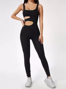SHEIN PETITE Solid Cut Out Unitard Jumpsuit - Black - View 1
