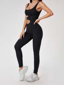 SHEIN PETITE Solid Cut Out Unitard Jumpsuit - Black - View 3