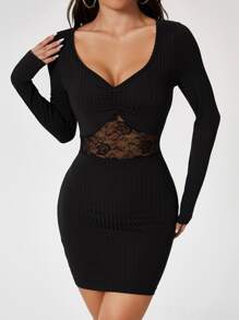 SHEIN PETITE Contrast Lace Bodycon Dress - Black - View 1