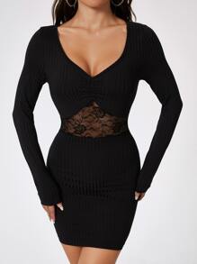 SHEIN PETITE Contrast Lace Bodycon Dress - Black - View 3