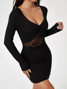 SHEIN PETITE Contrast Lace Bodycon Dress - Black - View 4