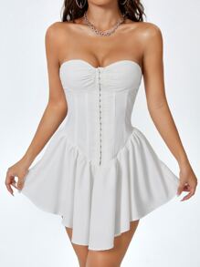 SHEIN PETITE Vestido de mujer de salida de primavera con volantes en el dobladillo y fruncido delantero - Blanco - Ver 5