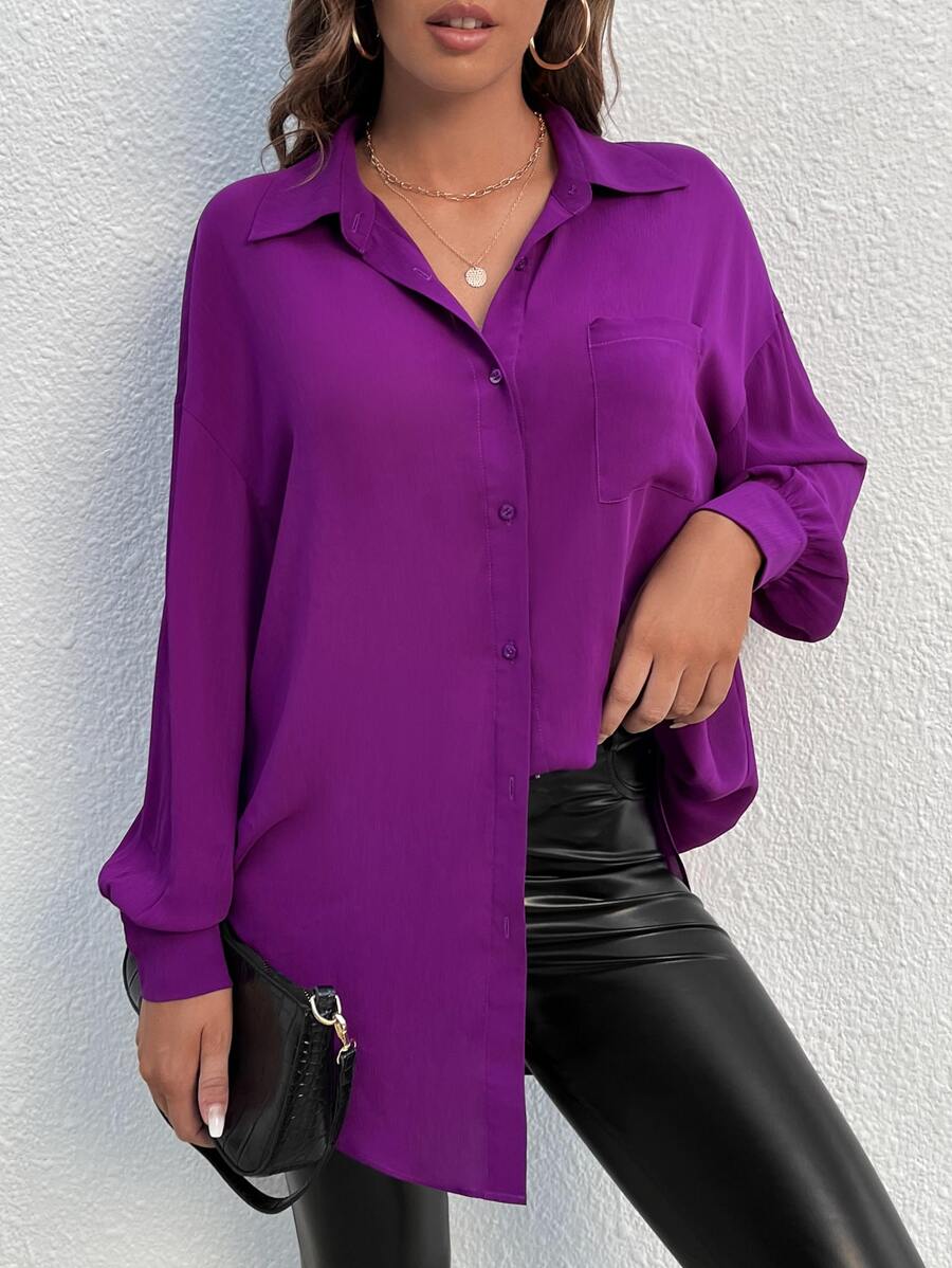 SHEIN Tall Camicia con tasca a toppa spalle cadenti - Viola - Visualizzare 1