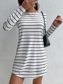 SHEIN Tall Striped Print Button Back Tee Dress - White - View 1