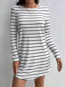 SHEIN Tall Striped Print Button Back Tee Dress - White - View 3