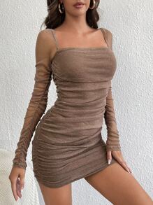 SHEIN Tall 拼接網紗褶邊金屬亮絲緊身洋裝 - 摩卡棕 - 查看 1