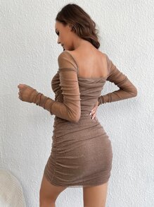 SHEIN Tall 拼接網紗褶邊金屬亮絲緊身洋裝 - 摩卡棕 - 查看 2